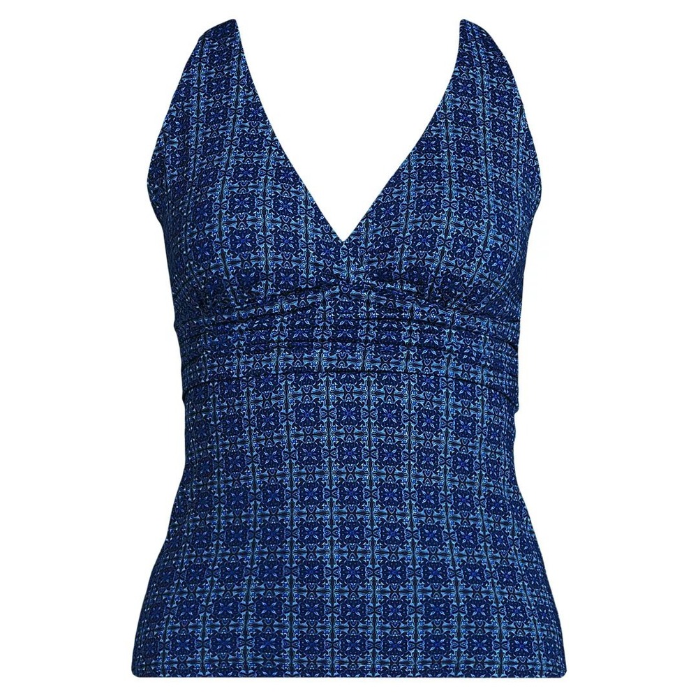 Lands End V-Neck Plunge X Back Tankini bathing suit swim L 14-16 DD mosaic navy
